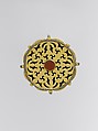 Pectoral Disc Ornament, Silver; fire gilded with openwork, decorative wire, and table cut carnelian