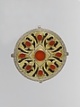 Pectoral Disc Ornament, Silver; fire gilded and chased, with openwork, decorative wire, and table cut carnelians