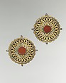 Pectoral Disc Ornament, One of a Pair, Silver; fire-gilded with stamped bead and twisted wired decoration, engraving/punching and openwork decoration and table cut carnelian