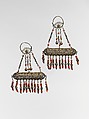 Earring, One of a Pair, Silver filigree with applied silver gilt plaques, silver bells, and coral beads