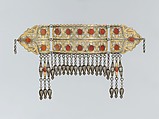 Headband, Silver; fire-gilded with openwork decoration and engraving/punching table cut carnelians, silver chains and pendants, and embossed and applique work.