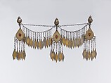 Headband, Silver; fire gilded, with silver shot, pins, stamped beading evoking granulation, loop-in-loop chains, pendants, and table-cut carnelians