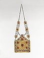 Amulet Holder, Silver; fire gilded with openwork and engraving/punching decoration and table cut carnelians and twisted silver wire chains