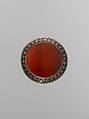 Ring, Silver; fire-gilded with enamel decoration and table-cut stone carnelian