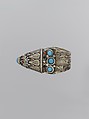 Ring, Silver, with stamped and applied decoration, silver shot, decorative wire, and synthetic resin, glass, and turquoise beads
