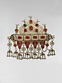 Triangular Amulet Holder, Silver; fire-gilded and chased, with decorative wire, applied decoration, pendants, loop-in-loop chains, spherical bells, table-cut carnelians, and faceted stones