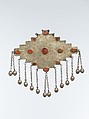 Gul-Shaped Pectoral Ornament, Silver; fire-gilded and engraved/punched decoration with table cut carnelians, silver link chains and spherical bead/bells
