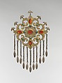 Floral Pectoral Ornament, Silver, fire-gilded and chased, with ram's-head upper terminals, openwork, wire chains, embossed pendants, table-cut carnelians, and turquoise beads