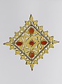 Pectoral Ornament, Silver, fire gilded, with decorative wire, openwork, stylized floral terminations, and table cut carnelians
