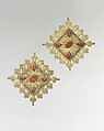 Lozenge-Shaped Pectoral Ornament, One of a Pair, Silver, fire gilded, with decorative wire, and table cut and cabochon carnelians