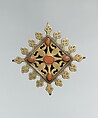 Pectoral Ornament, Silver; fire gilded, with decorative wire, and table cut and carbochon carnelians