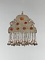 Pectoral Ornament, Silver, and silver filigree with table cut carnelians and glass stones, silver link chains, corals, and bells/beads