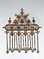 Triangular Amulet Holder, Silver; with twisted wire chains and bells, chased and embossed decoration, and table-cut cut carnelians