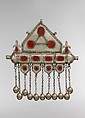 Triangular Amulet Holder, Silver, with decorative wire, loop-in-loop chains, bells, and table-cut carnelians