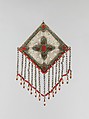 Pectoral Ornament, Silver; with openwork and stamped bead decoration, table-cut carnelians and turquoise beads, and silver link chains with coral and mother-of-pearl beads