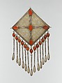Teke Pectoral Ornament, Silver; fire gilded and engraved/punched with gallery wire, twisted wire chains, and embossed pendants and cabochon carnelians