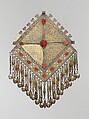 Lozenge-Shaped Pectoral Ornament, Silver; fire-gilded and chased, with openwork, decorative wire, wire chains and pendants with applied decoration, embossed decoration, bells, and table cut carnelians