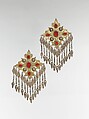 Teke Floral Pectoral Ornament, One of a Pair, Silver, fire-gilded and chased, with applied decoration, openwork, wire chains, pendants with applied decoration, and table-cut carnelians