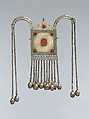 Boy's Amulet, Silver; fire gilded, with decorative wire, wire chains, bells, embossed pendants, and table cut carnelians