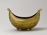 Begging Bowl, Brass; chased with floral and animal-motif decorations; dragon’s-head finials are probably later replacements