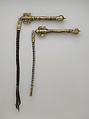 Whip, One of a Pair, Silver, fire-gilded with horse head terminals, stamped beading, silver shot, twisted wire, cabochon turquoises, and glass beads, with a waxed fabric attachment (a), leather attachment (b)