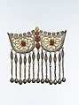 Pectoral Ornament, Silver; fire-gilded and chased, with openwork, applied decoration, wire chains, bells, ram's-head terminals, and table cut and cabochon carnelians