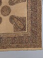 Shawl, Wool; plain weave, appliquéd with embroidered panels