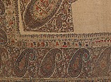Shawl, Wool; plain weave, appliquéd with embroidered panels