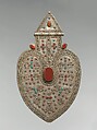 Cordiform Pendant, Silver with applied decoration, decorative wire, synthetic resin inlays, blue and red glass beads, and table-cut and cabochon cornelians.