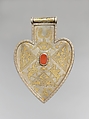 Cordiform Pendant, Silver; fire-gilded and chased, with table-cut carnelians
