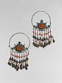 Earring, One of a Pair, Silver; fire-gilded with carnelians and turquoises, coral beads, wire, and embossed pendants