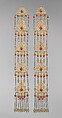 Long Temple Pendant, One of a Pair, Silver; fire-gilded, with openwork, cabochon carnelians, silver chains, and embossed pendants.