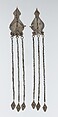 Temple Pendant, One of a Pair, Silver; fire-gilded, with decorative wire, silver shot, glass stones, and wire chains with embossed pendants