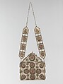 Amulet Holder, Silver; with stamped beading, glass inlays over red lacquer, paper, or fabric backing, and chains