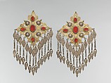 Teke Floral Pectoral Ornament, One of a Pair, Silver, fire-gilded and chased, with applied decoration, openwork, wire chains, pendants with applied decoration, and table-cut carnelians