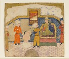 "Zahhak Brought as a Prisoner before Faridun", Folio from a Shahnama (Book of Kings), Abu&#39;l Qasim Firdausi (Iranian, Paj ca. 940/41–1020 Tus), Ink, opaque watercolor, gold, and silver on paper