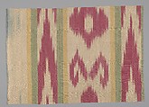 Textile Fragment, Silk, plain weave; resist-dyed (ikat), embroidered