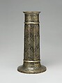 Engraved Lamp Stand with Chevron Pattern, Brass; cast, engraved, and inlaid with black and red pigment