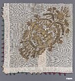 Textile Fragment, Cotton, silk, and metal wrapped thread; embroidered