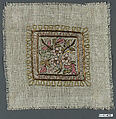 Square, Linen, silk, and metal wrapped thread; plain weave, embroidered