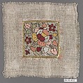 Square, Cotton, silk, and metal wrapped thread; plain weave, embroidered