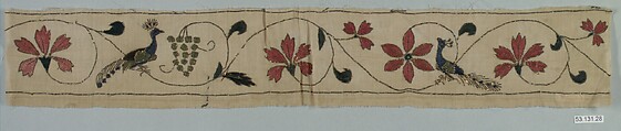 Border, Cotton; embroidered in silk and silver-gilt tinsel