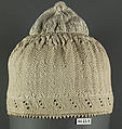 Cap, Cotton; quilted diagonally, border of punch work embroidery edged with crocheted cotton lace