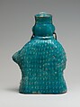 Bottle in the Form of a Lute Player, Stonepaste; molded, turquoise-glazed, partially gilded