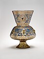 Mosque Lamp of Amir Qawsun, &#39;Ali ibn Muhammad al-Barmaki (Egyptian) ?, Glass, colorless with brown tinge; blown, blown applied foot, enameled and gilded