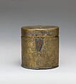 Pyxis Depicting Standing Saints or Ecclesiastics and the Entry into Jerusalem with Christ Riding a Donkey, Brass; hammered, engraved, inlaid with silver