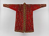 Coat (Choga), Ground fabric: hand-spun red plain-weave wool (warp and weft); embroidery: silk; facing: ikat silk (warp), cotton (weft); lining: roller-printed Russian cotton