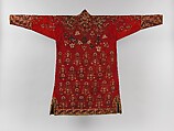 Coat (Choga), Ground fabric: hand-spun red plain-weave wool (warp and weft); embroidery: silk; facing: ikat silk (warp), cotton (weft); lining: roller-printed Russian cotton