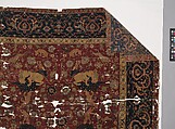 Carpet, Silk (warp and weft), wool (pile); asymmetrically knotted pile