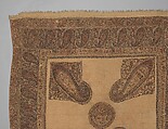 Shawl, Wool; plain weave, appliquéd with embroidered panels